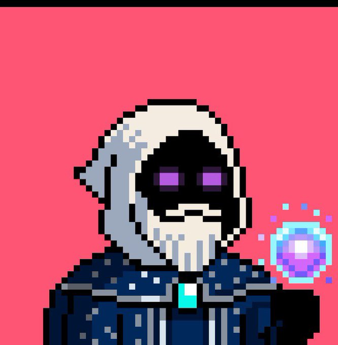 Pixel art of a grim reaper character with a skull face and purple glowing eyes, wearing a dark hooded cloak and holding a glowing purple orb, set against a pink background.
