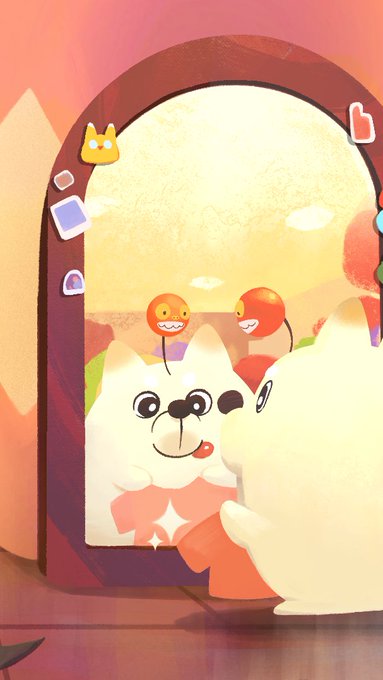 A cute white Axie dog character looks at its reflection in an arched mirror, wearing jester-like props and showing off accessories like a small hat and a bow, while colorful stickers decorate the mirror frame—perfectly matching the "Accessory check" theme.