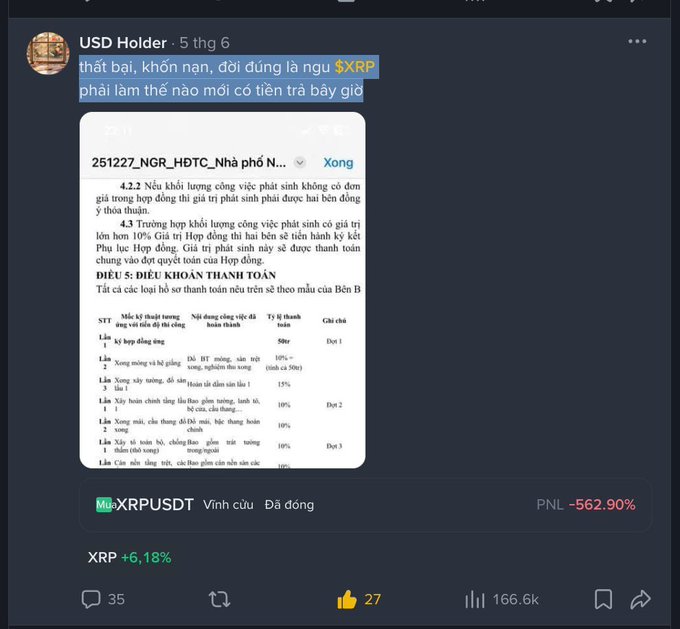 The image depicts an email conversation between two people, with one of them sharing that they are trying their luck at trading with XRP. They claim that "the future trading mindset when you first enter a position is that failure, damn it, life is truly stupid, what the hell is $XRP supposed to do now to have money to pay back." One person is from Myanmar and the other is from Vietnam, which are both native languages of English.