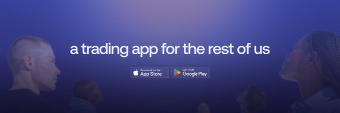 The image shows a promotional banner with a blue-toned background featuring silhouettes of people, displaying the tagline "a trading app for the rest of us" alongside App Store and Google Play download buttons, visually representing Fomo's social trading app concept.