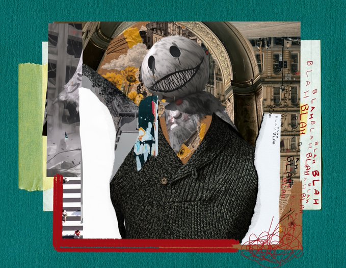 A collage-style digital artwork features a figure wearing a stitched, grinning mask and a black cardigan, set against a backdrop of torn paper fragments and the repeated text 'BLAH BLAH BLAH'.