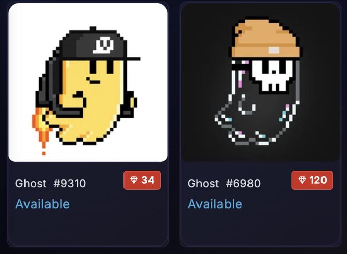Two digital pixel-art collectible ghosts displayed for sale: Ghost #9310 featuring a yellow character wearing a black cap with a 'U' logo and a fiery trail, and Ghost #6980 showing a skull in an orange beanie with a sparkly trail.