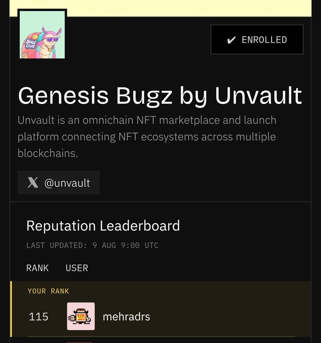The image shows the "Genesis Bugz by Unvault" leaderboard page, featuring the user's current rank of #115 under the username "mehradrs," last updated on 9 Aug 9:00 UTC, aligning with the post about being 2 days away from the end of the Unvault Genesis Bugz Reputation Leaderboard while continuing to push for a higher position.