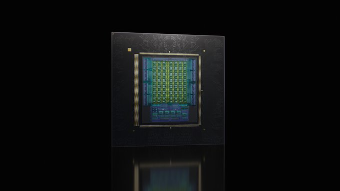 A futuristic microchip glows with intricate circuitry against a black background, its illuminated blue and green center resembling a miniature city grid—visually representing the advanced AI hardware that Nvidia is reportedly helping SpaceX optimize for the "Vera Rubin" space project launching in late 2027, as mentioned in the accompanying $SPCX post.