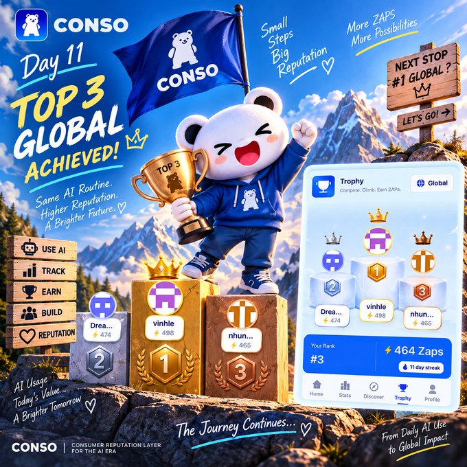 A promotional graphic for 'CONSO' featuring a white bear mascot in a blue hoodie holding a 'TOP 3' trophy, with text reading 'Day 11 TOP 3 GLOBAL ACHIEVED!' and a mobile app interface showing rankings including 'vinhle' (#1, 498) and 'Drea...' (#2, 474).