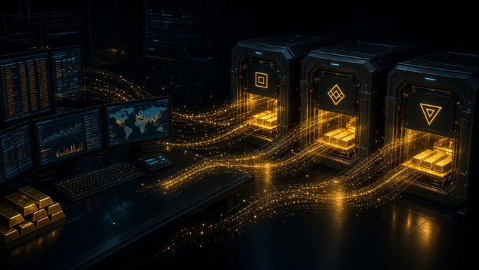 A high-tech crypto trading setup with glowing monitors and gold bars labeled with Bitcoin, Ethereum, and Solana symbols, connected by streams of golden light. The image visually represents the spot Bitcoin ETF inflows highlighted in the post, with the illuminated coins and data screens symbolizing Fidelity's FBTC and BlackRock's IBIT absorbing hundreds of millions in institutional demand.