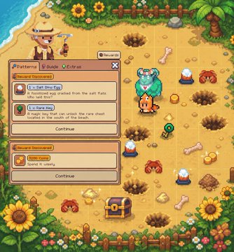 The image features a cartoon character with a hat standing next to an open shell chest filled with treasure, which includes gold coins and other shiny objects. The text at the top of the screen reads "Happy with my 79th digging streak today as I got a rare key which gave me extra 3200 coins". On the left side of the image, there is a description of what is in the chest. In addition, an illustration shows two people walking towards the chest and another person standing near it. Lastly, some text states that someone has already bought the shell chest from Ronin Network, and more text reveals that this was done at SunflowerLand.com/play/?ref=puri.