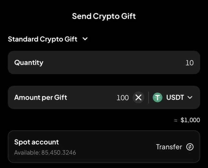 A screenshot of a 'Send Crypto Gift' interface showing a quantity of 10 with an amount of 100 USDT per gift, totaling approximately $1,000, funded from a spot account with 85,450.3246 available.