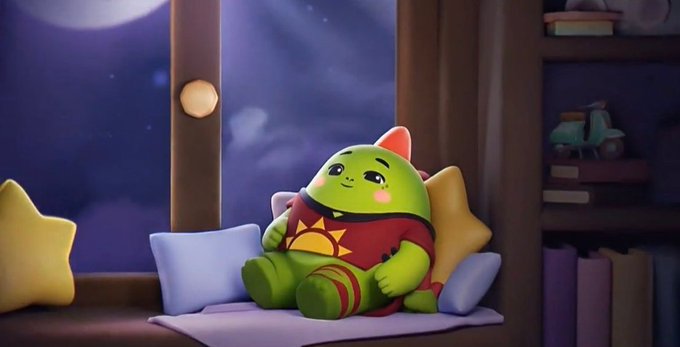 The image features a green stuffed animal sitting on top of a purple pillow, looking out a window at night. The scene appears to be from a movie or TV show, as there are also stars visible in the background. The text in the image reads "Sleep better. Earn smarter. While @quipnetwork is building the infrastructure for the next era of computing with quantum-powered innovation".