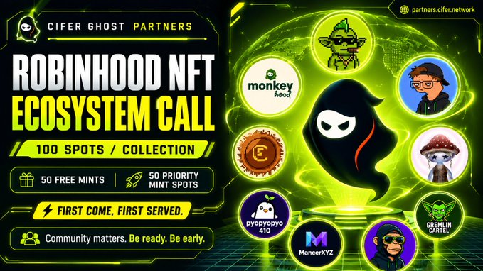 A promotional banner for 'CIFER GHOST PARTNERS' advertises a 'ROBINHOOD NFT ECOSYSTEM CALL' with '100 SPOTS / COLLECTION,' offering '50 FREE MINTS' and '50 PRIORITY MINT SPOTS' on a first-come, first-served basis, surrounded by various NFT collection logos including monkey.hack, MancerXYZ, pyopyoyo 410, and GREMLIN CARTEL.
