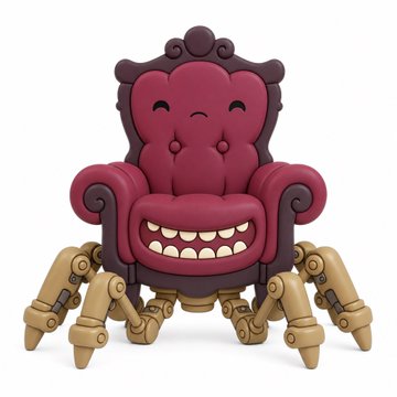 A Funko Pop figurine of a bizarre creature that combines a tufted red armchair with a grinning face and crab-like tan legs.