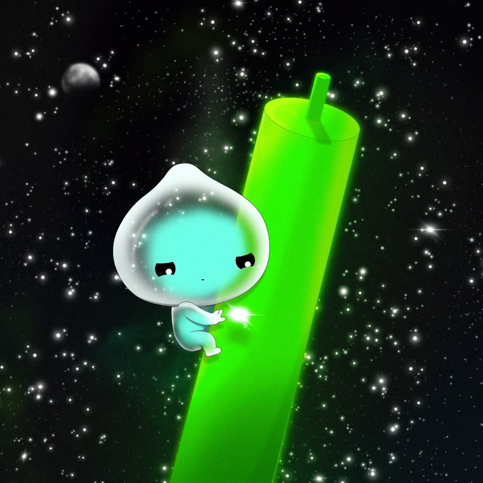 A chibi-style cyan alien with a white hood clings to a giant green candlestick in space, set against a starry night sky backdrop. The image visually represents the post's excitement about achieving "up to 5 figs" (five-figure profits) in August, with the upward-trending green candle symbolizing bullish gains and the "happy new month" sentiment for September.