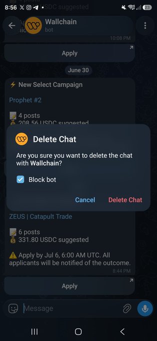 A Telegram chat with the Wallchain bot showing a prompt to delete the chat and block the bot, with campaign posts for 'Prophet #2' and 'ZEUS | Catapult Trade' visible in the background.