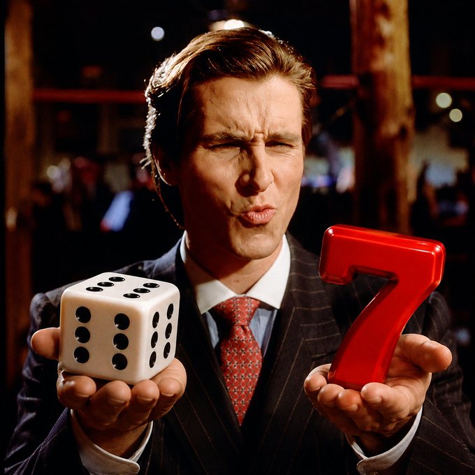 A man in a pinstripe suit holding a large white die in one hand and a red number 7 in the other, with a serious expression suggesting a casino or craps-themed context.