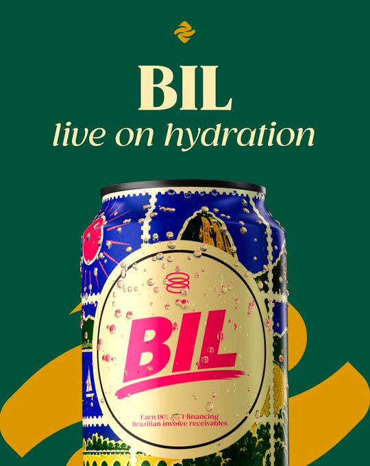 An advertisement for BIL beverages with the tagline 'live on hydration', showing a decorated can with 'Earn 18% financing Brazilian invoice receivables' printed on it.