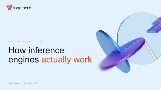 A presentation slide from "together.ai" titled "How inference engines actually work" for the "OPEN SOURCE AI SUMMIT · 2024" presented by Zain Hasan, featuring an abstract 3D blue and purple ribbon design.