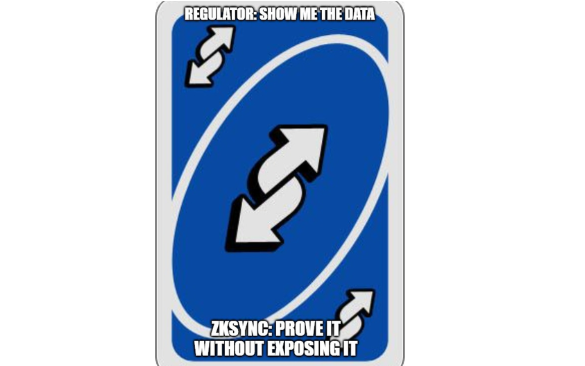 The image features a blue and white card with two arrows pointing in opposite directions, which are symbols for "regulator" and "compliance". The text below the card reads, "Regulator: show me the data", indicating that the card is designed to display information about compliance. The caption further explains that the card can be used as a proof of compliance without exposing sensitive data, suggesting that it serves as an alternative method for verifying compliance with regulations or standards.