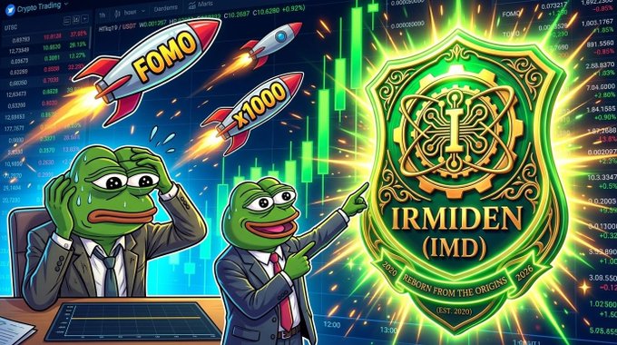 The image features Pepe the Frog in two contrasting states—one nervously sweating as rockets labeled "FOMO" and "x1000" blast past him on a crypto trading chart, while another excitedly points toward a large green and gold "IRMIDEN (IMD)" crest marked "REBORN FROM THE ORIGINS EST. 2020," perfectly matching the post's promotion of the "legendary 2020 TRON OG token" returning as $IMD on SunPump.