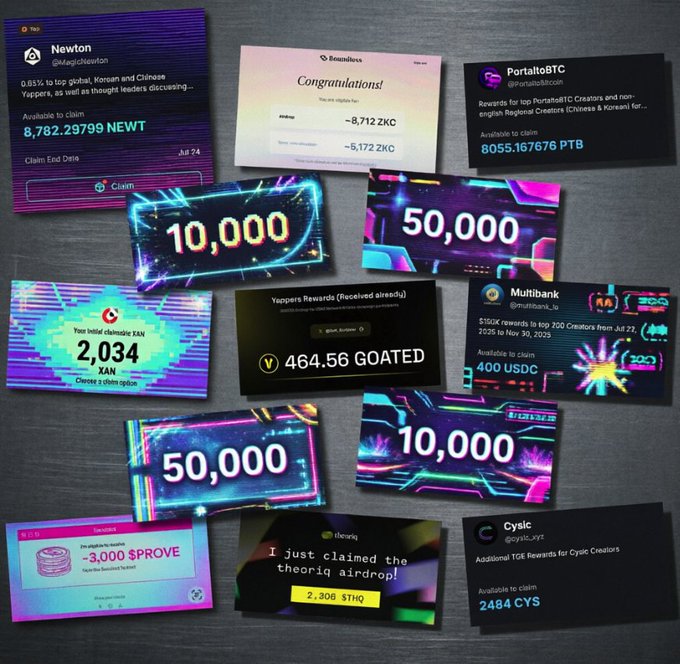A collection of cryptocurrency airdrop claim cards is scattered on a surface, including 'Newton' (8,782.30 NEWT), 'Beamflow', 'PortaltoBTC', 'Multibank', 'Cysic' (2,484 CYS), and others.
