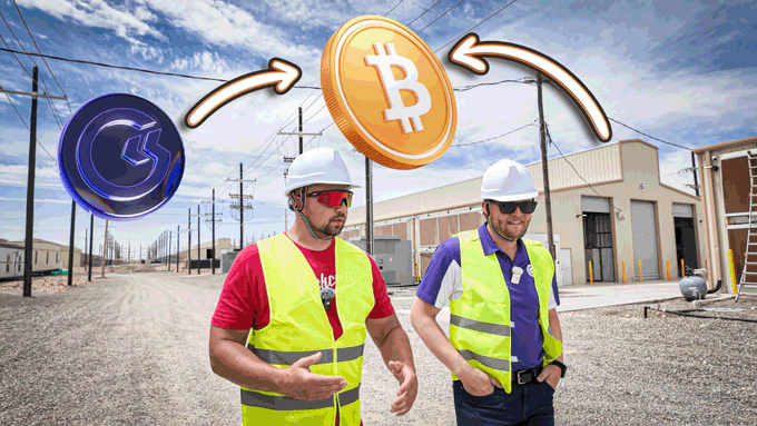 Two men in construction hard hats and yellow vests standing in an industrial area, with overlaid crypto icons for Fantom (FTM) and Bitcoin (BTC) connected by curved arrows.