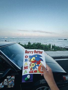 A first-person view from inside a car showing a hand holding up a Scholastic 'Harry Potter OBAM' (Obama) children's book with an ocean view in the background.