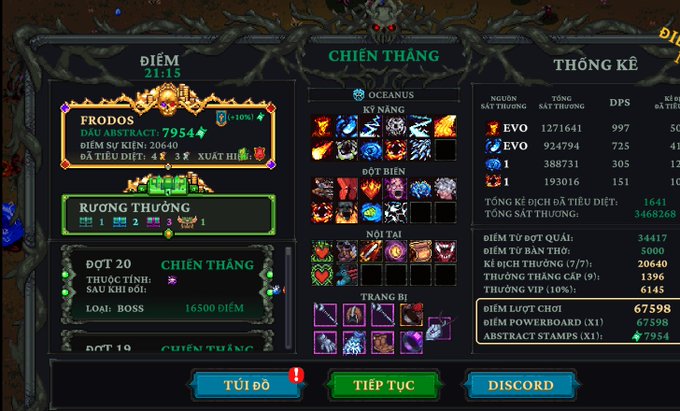 A video game results screen in Vietnamese displaying 'CHIẾN THẮNG' (Victory) with stats for player 'FRODOS' reaching level 20, including damage numbers, item icons, and statistics for the boss fight.