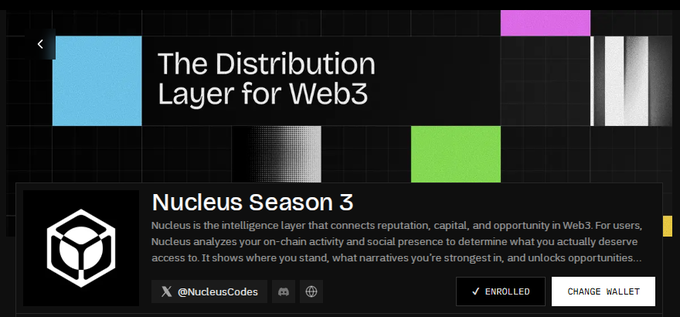 A webpage banner for Nucleus Season 3, 'The Distribution Layer for Web3,' featuring a black hexagon logo, colorful geometric blocks, and an 'ENROLLED' status with @NucleusCodes social handle.