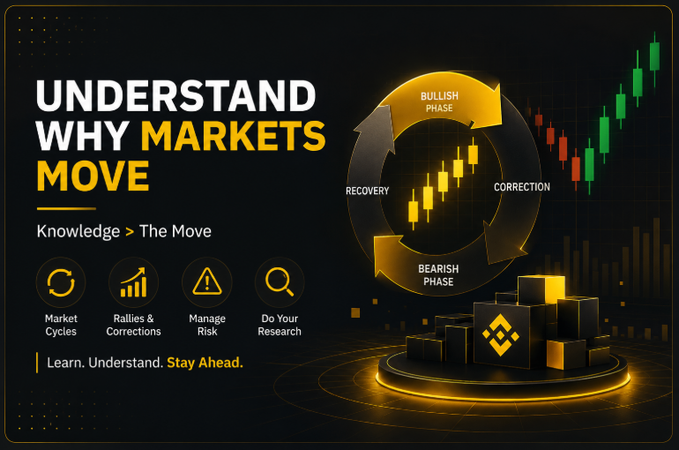 A promotional graphic titled "UNDERSTAND WHY MARKETS MOVE" with the tagline "Knowledge > The Move" and "Learn. Understand. Stay Ahead.", featuring market cycle phases, Binance logo, and icons for Market Cycles, Rallies & Corrections, Manage Risk, and Do Your Research.