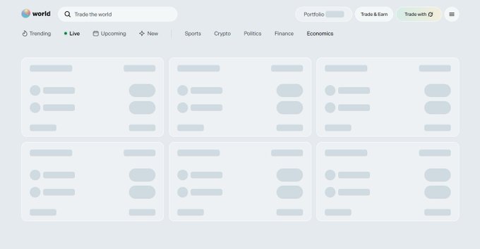 A wireframe or loading-state mockup of a website called 'world' displays various categories like 'Sports', 'Crypto', and 'Politics' with placeholder boxes.