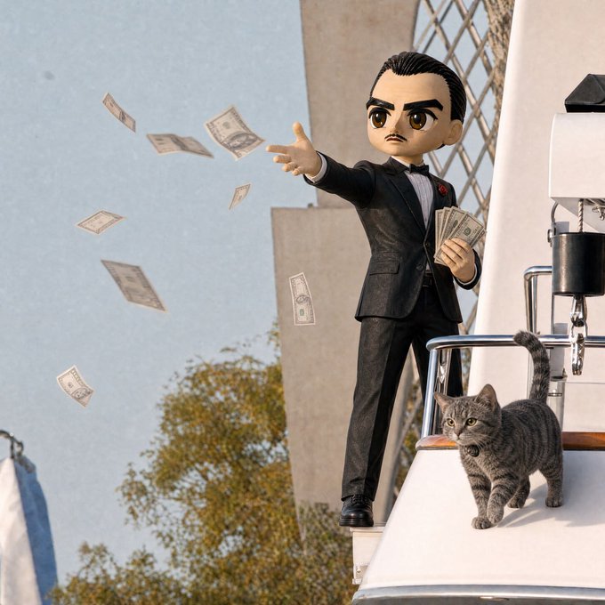 A stylized figurine of a man in a tuxedo throws dollar bills while holding a stack of cash, standing next to a grey tabby cat on a boat.