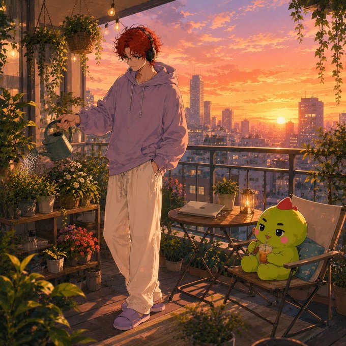 Anime-style illustration of a red-haired character in a lavender hoodie watering plants on a rooftop garden at sunset, with a green plush toy sitting nearby.