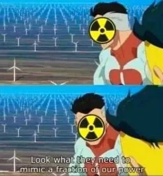 An anime-style image featuring a muscular character with glowing red eyes and a yellow radiation symbol covering his face, set against a backdrop of wind turbines. Caption reads: "Look what they need to mimic a fraction of our power."

The meme humorously suggests DeFi projects are struggling to replicate the real power/value being delivered by Linn's Leverage strategy, with the radiation symbol emphasizing overwhelming strength that competitors can only partially imitate.