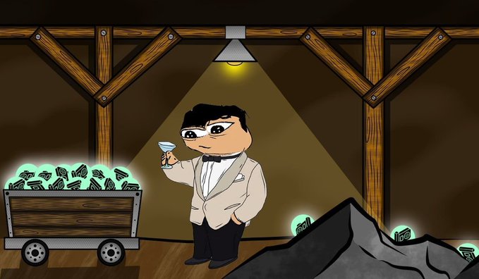 A cartoon illustration of a man in a tuxedo and sunglasses holding a glowing gem in a mine, standing next to a cart of glowing green gems, with a single overhead light illuminating the scene.