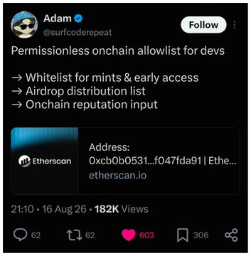 A tweet from Adam (@surfcoderepeat) dated August 16 with 182K views announces a "Permissionless onchain allowlist for devs" featuring whitelist access for mints/airdrops, linked to an Etherscan address (0xcb0b0531...f047fda91). The post explains that the allowlist uses ETH-based submissions with escalating minimums (0.05 → 0.15 → 0.25 ETH) as an anti-sybil measure, filtering out low-liquidity users from earning points.