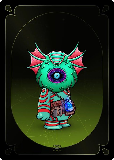 A digital trading card featuring a stylized, one-eyed green creature with red fins, wearing a striped outfit and carrying a satchel with a 'GG' potion bottle, set against a dark green background with a Gucci logo at the bottom.