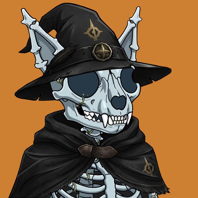 An illustrated cartoon of a skeletal creature wearing a black wizard hat with gold emblems and a dark cloak, sporting sunglasses and visible fangs against an orange background.