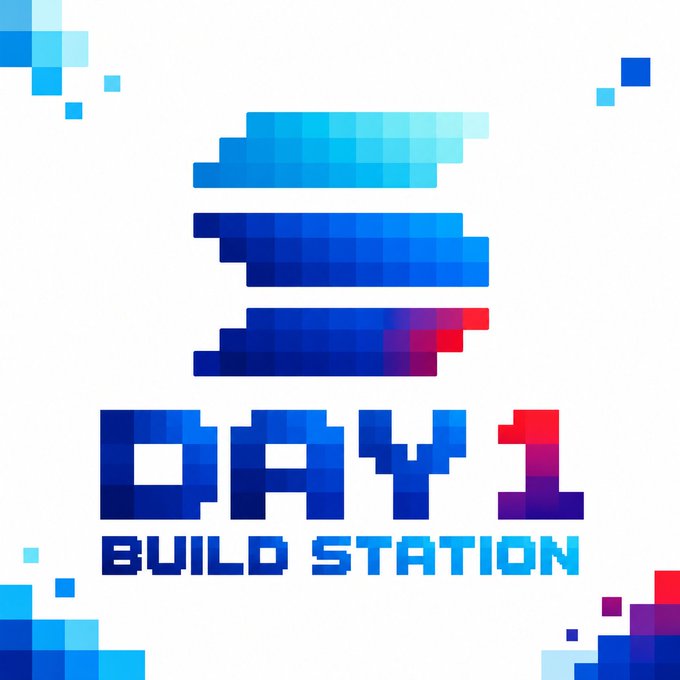 A pixel-art style logo featuring the text 'DAY1 BUILD STATION' in blue and red gradient colors with a stacked layered design above the text.