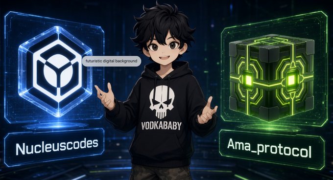 Anime-style character wearing a black 'VODKABABY' hoodie stands between glowing cubes labeled 'Nucleuscodes' and 'Ama_protocol' in a futuristic digital background with 'futuristic digital background' text.