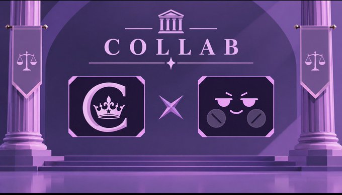 A purple graphic titled "COLLAB" showing a collaboration between two logos: a "C" with a crown and a smiling pill-shaped face.