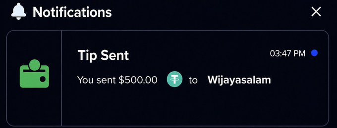 A mobile notification displays "Tip Sent" confirming that $500.00 was sent to user "Wijayasalam" at 3:47 PM, featuring a green wallet icon and a blue notification indicator. The image serves as visual proof to accompany the post's claim about sending a $500 tip to a lucky follower.