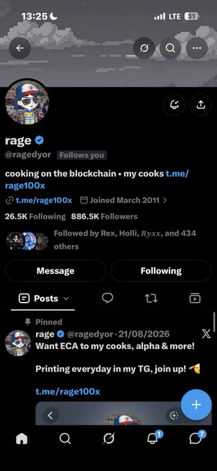 A Twitter/X profile page for 'rage' (@ragedyor) is shown, displaying 886.5K followers, a pinned post about 'ECA to my cooks', and a link to t.me/rage100x.