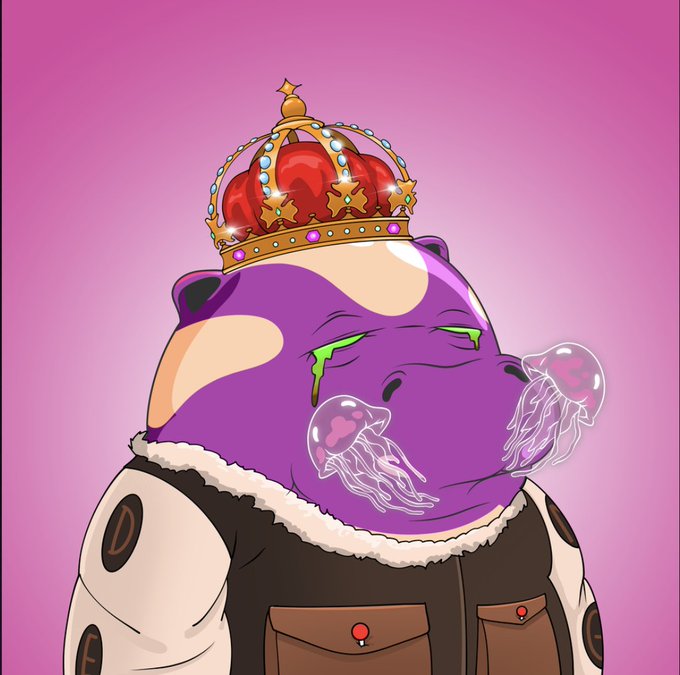A cartoon purple ape character wears an ornate red and gold crown with jewels, crying translucent green-tinted jellyfish tears, dressed in a brown utility vest over a fur-lined collar. The regal, melancholic imagery plays on the "DENGS on Ape" NFT reference, with the post introducing the DENGS collection and its customizable feature that lets owners resize their character from tiny to massive.