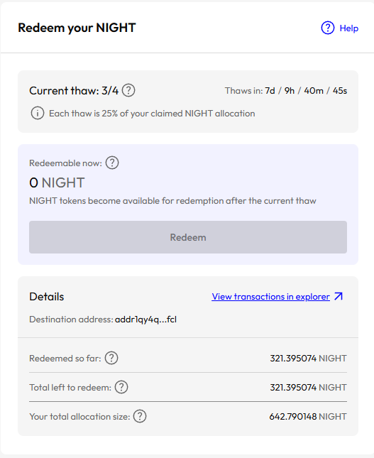 A crypto wallet interface showing 'Redeem your NIGHT' tokens with current thaw progress at 3/4, redeemable balance of 0 NIGHT, destination address 'addr1qy4q...fcl', and a total allocation size of 642.790148 NIGHT.