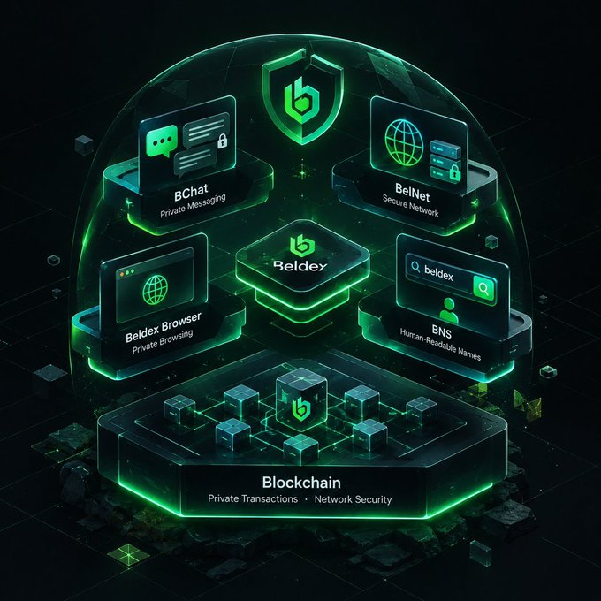 Promotional graphic for 'Beldex' showcasing a green-themed ecosystem diagram with components like 'BChat', 'BelNet', 'Beldex Browser', 'BNS', and 'Blockchain'.