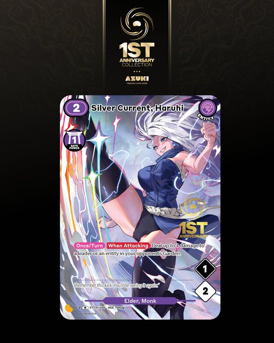 An "AZUKI TRADING CARD GAME 1ST ANNIVERSARY COLLECTION" card featuring the character "Silver Current, Haruhi" with "1ST ANNIVERSARY" branding, classified as an Elder Monk with a cost of 2.