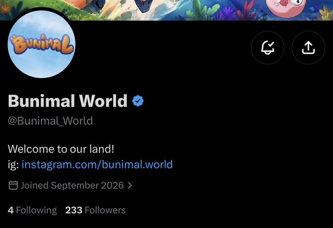 A Twitter/X profile for 'Bunimal World' (@Bunimal_World), a verified account with 233 followers, displaying the welcome message 'Welcome to our land!' and a link to instagram.com/bunimal.world.
