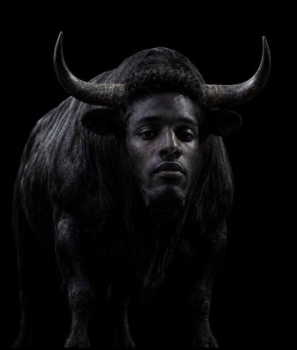 A dark, surreal digital artwork merges a human face (resembling an athlete) with the head and horns of a bull against a black background.