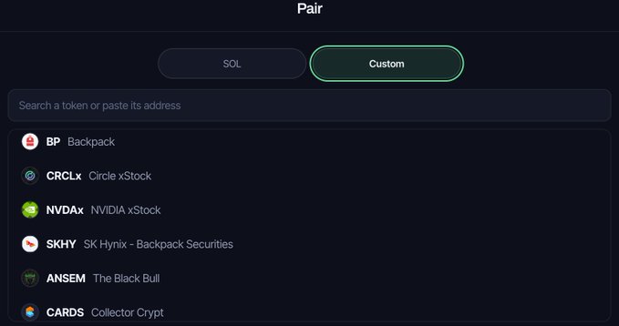 The image shows a "Pair" selection interface with a "Custom" tab active (highlighted in green) alongside a "SOL" option, featuring a search field and a list of available tokens including BP (Backpack), CRCLx (Circle xStock), NVDAx (NVIDIA xStock), SKHY (SK Hynix - Backpack Securities), ANSEM (The Black Bull), and CARDS (Collector Crypto). This aligns with the post announcing that Pump Family now supports launching custom liquidity tokens directly through Pump.family, allowing users to pair tokens like these with SOL for new token creation.