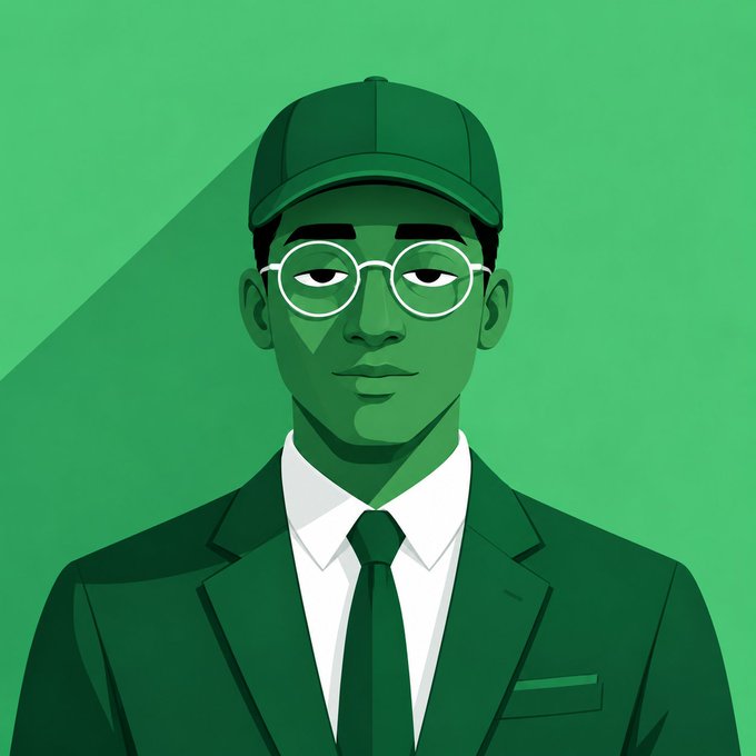 A digital illustration of a young man with green-tinted skin, wearing a green cap, round white glasses, a green suit, white shirt, and green tie, posed against a solid green background.