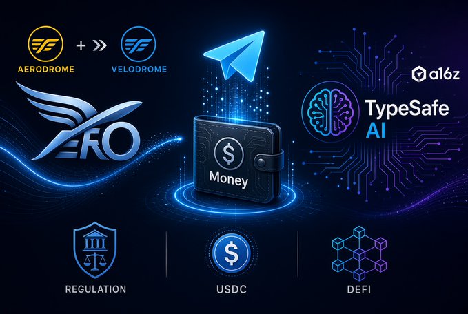 A crypto-themed infographic combining Aerodrome, Velodrome, Telegram, a16z's TypeSafe AI, and labels for Regulation, USDC, and DeFi around a central 'Money' wallet and 'ZERO' wing logo on a circuit board background.